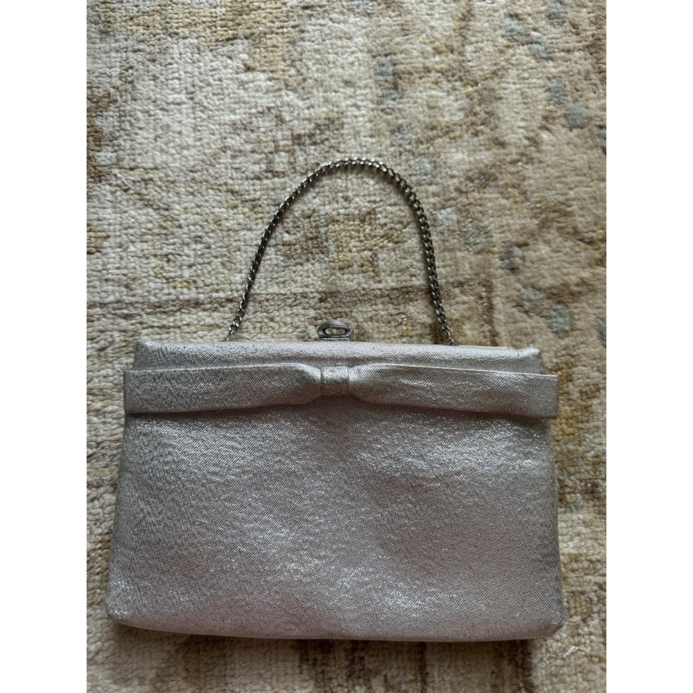 Vintage After Five Silver Shimmer Evening Bag Bow Clutch Chain Strap